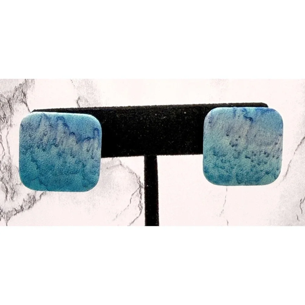 Blue Fabric Statement Stud Earrings‎ Square Textile Boho 1
